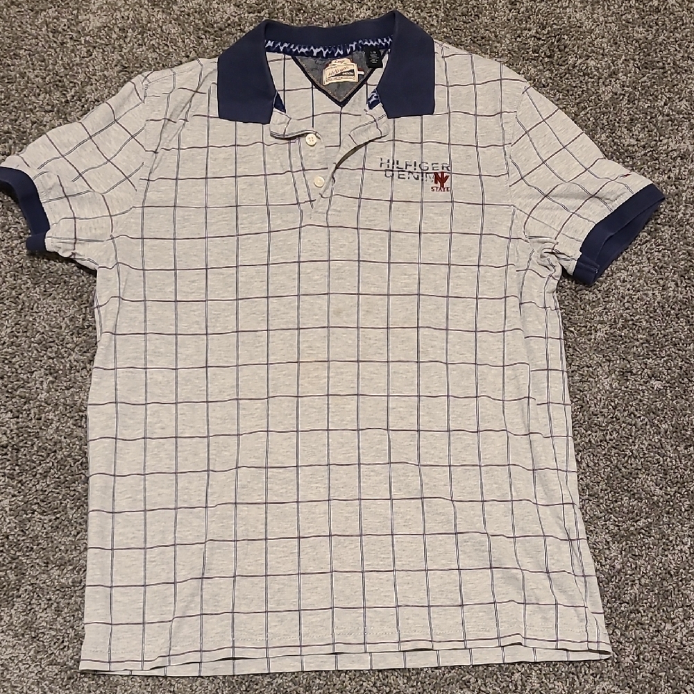 Tommy Hilfiger Men's White and Blue Grid Polo Shirt